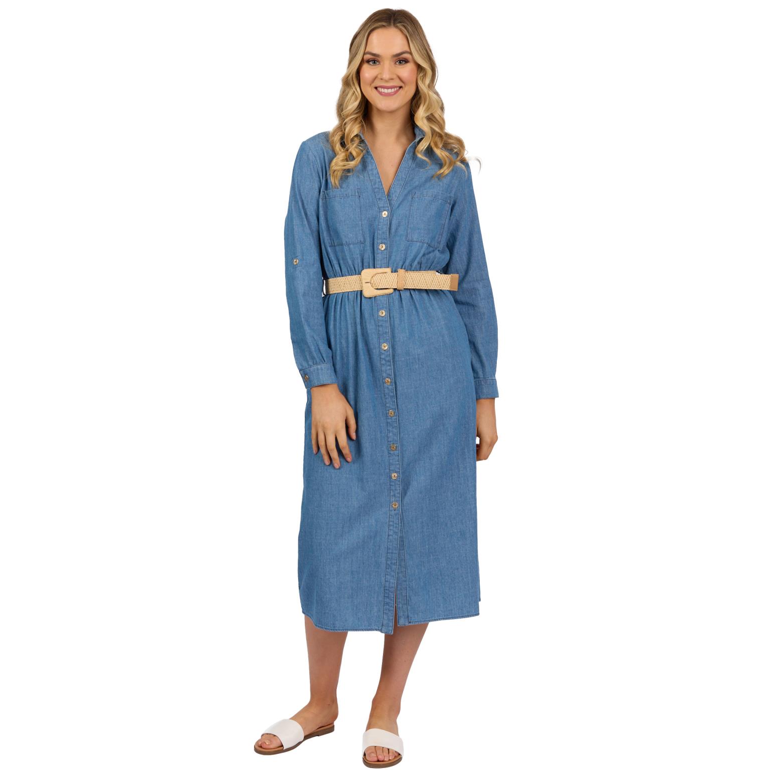 Vassalli Long Sleeve Shirt Dress With Sleeve Tab And Belt